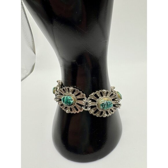 Silver Tone Egyptian Revival Scarab Bracelet Faux Turquoise READ - Picture 1 of 5